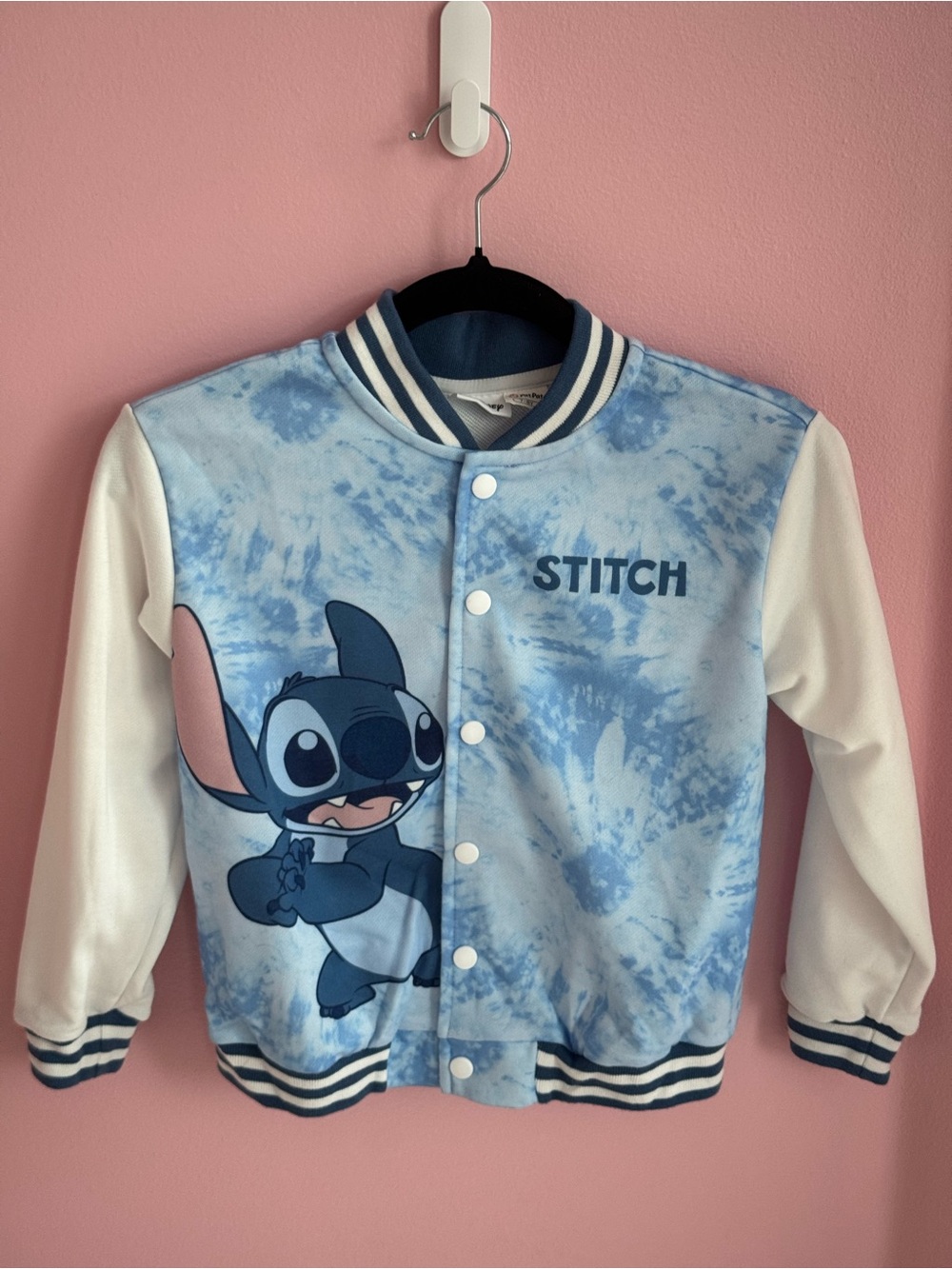 Disney x PatPat Stitch Varsity Bomber Jacket Blue Tie-Dye Snap Front Kids